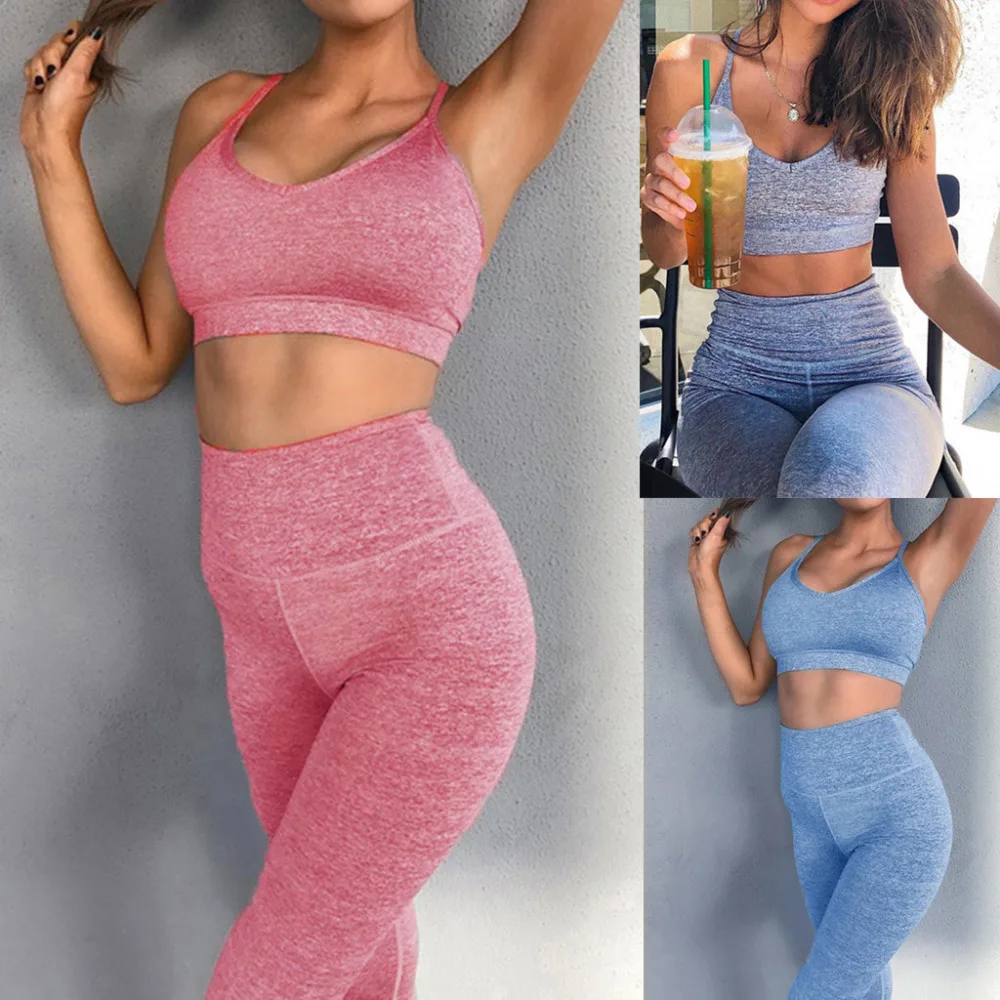 

Elegant Leggings + Tops Women Solid Casual Set Running Bra and Pants Gym Workout Fitness Summer Sport Wear 2019