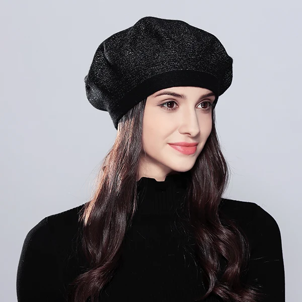 Шерстяные женские зимние шапки Элегантные новые высококачественные Модные осенние зимние блестящие вязаные береты шапки# MZ727 - Цвет: Черный