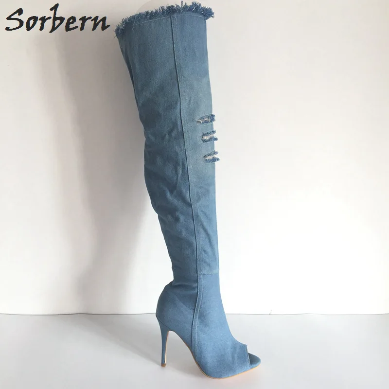 

Sorbern Pale Blue Denim Fabric Women Boots Women Hollow Out Peep Toe Sexy High Heel Knee High Boots Custom Small Size 33-46