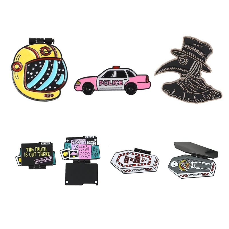 

Can Open ! Funny Clamshell Pins Coffins Skulls Laptop UFO ET two-double Proof Secret Dr. Dr Plague Doctor Pink enamel brooch pin