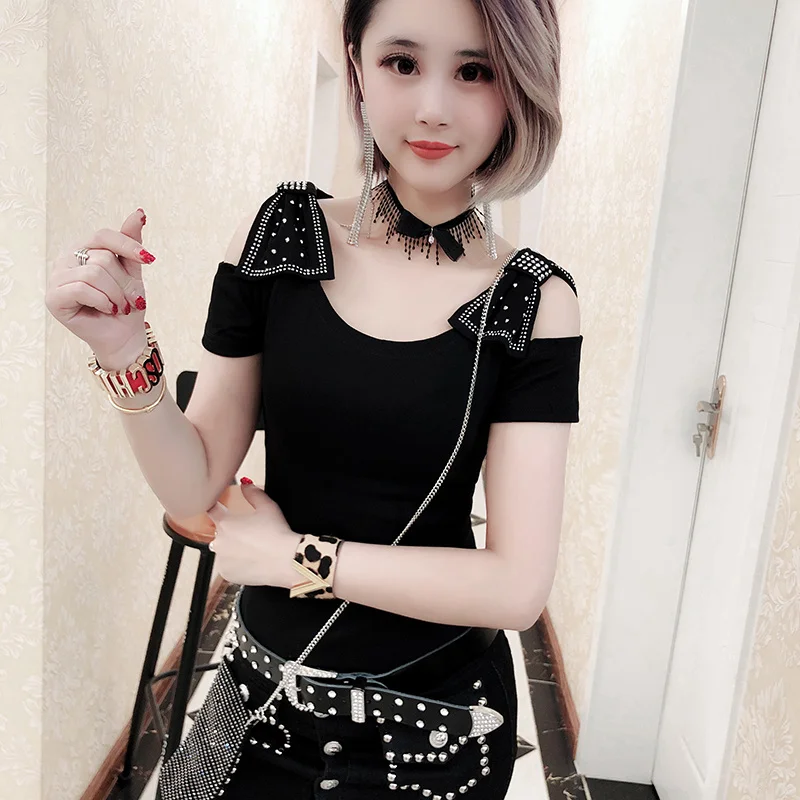 

Ropa Moda Mujer 2018 Summer T Shirt Bow Femme Fashion Tops Tee Shirt Woman T-shirts diamond Off Shoulder Clothes Vetement Femme