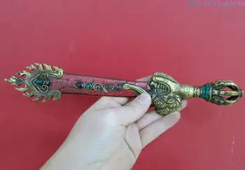 

11" China Tibet hand-made brass inlaid turquoise dragon artifact and Sar statue