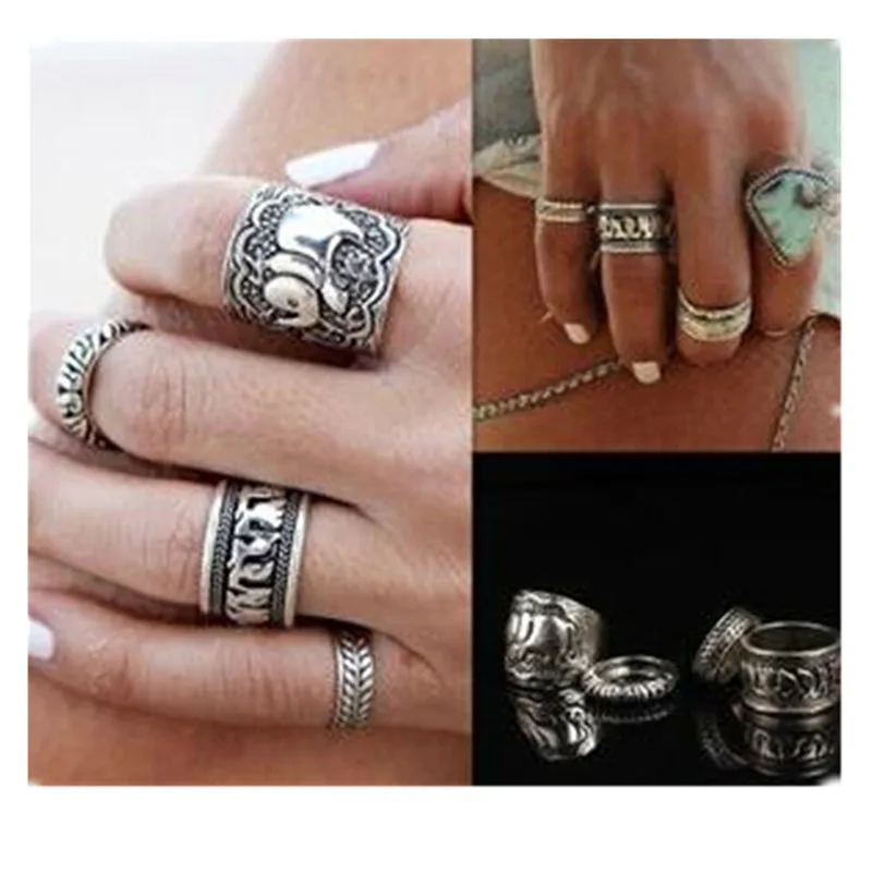 

nj90 4pcs/Set Vintage Punk Ring Set Unique Carved Antique silver Leaf Rings for Women Elegant Party Jewelry wholesale