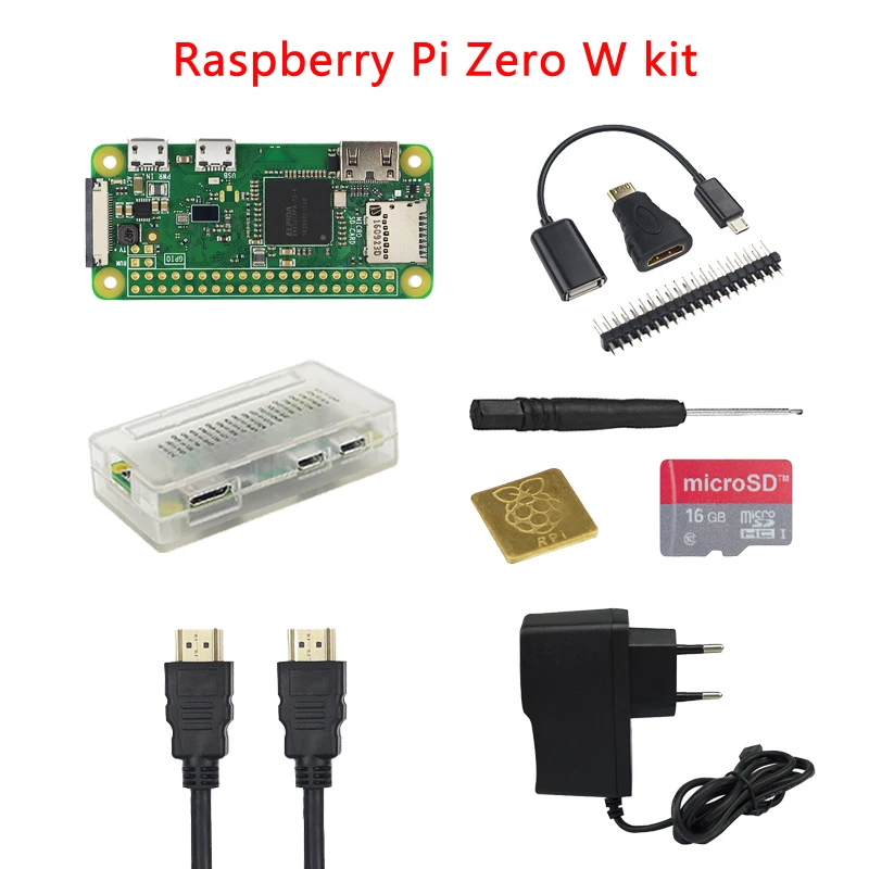 Raspberry Pi Zero W + корпус ABS + теплоотвод + отвертка + OTG кабель + мини-HDMI адаптер + адаптер питания + 16 г карта + камера + HDMI кабель RPI Вт