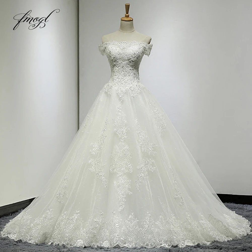 

Fmogl Sexy Boat Neck Lace Vintage Wedding Dresses 2019 Applique Beaded Pearls Tulle Bride Gowns Vestido De Noiva Plus Size