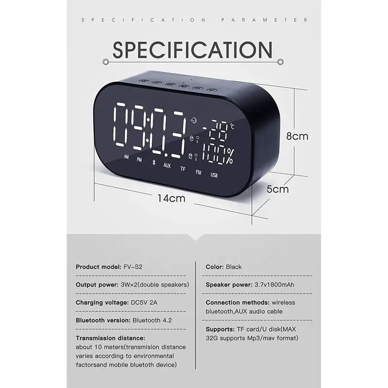 Светодиодный Будильник Радио для спальни, цифровые часы могут использоваться в качестве беспроводных bluetooth-динамиков, заряжаемых через USB, время показа, мощность