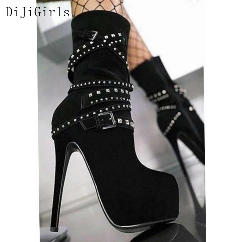 

DiJiGirls Womens Luxury Motorcycle Boots Lace-up Rivet Super High Heels Stage Fetish Women Mid-calf Platform Gothic Boots Autumn