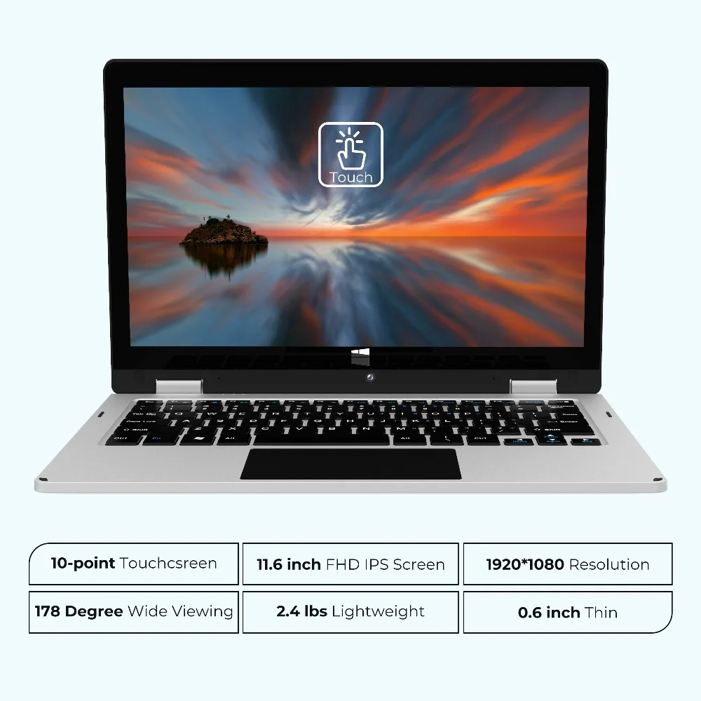 11.6Inch Convertible Mini Intel Atom Touchscreen Laptop Windows 10 Ultraslim 4GB RAM 64GB ROM 1920x1080 Display PC Laptops