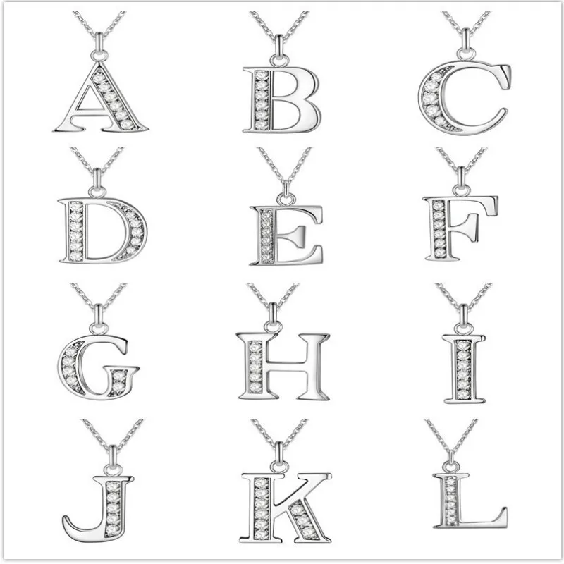 

2019 Hot Sale Silver Plated Silver Necklace 26 letters inlaid necklace A-Z fashion jewelry pendant Christmas Gifts Clearance