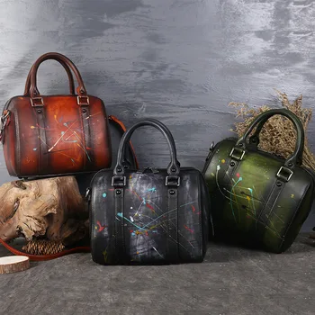 

2018 New Fashion Top Layer Cowhide Handbag Hand-painted Shoulder Bag Retro Genuine Leather Lady Handbags