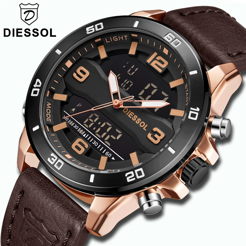DIESSOL Men's Watches Top Brand Luxury Leather Quartz Watch Men Waterproof Military Sport LED Digital Relogio Masculino | Наручные