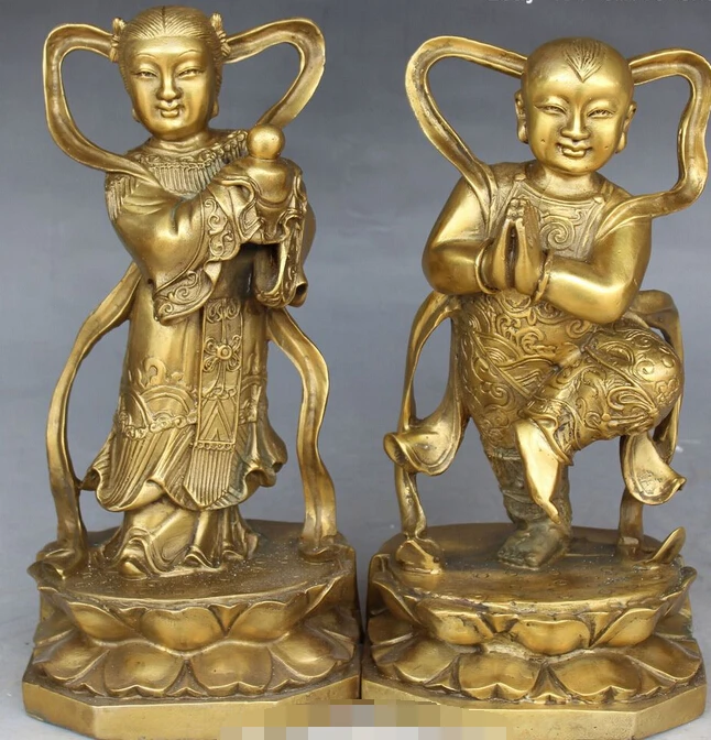 

11" Chinese Pure Bronze Custodian Stand Lotus TongZi Kid Boy Girl Statue Pair R0711 Discount 35%