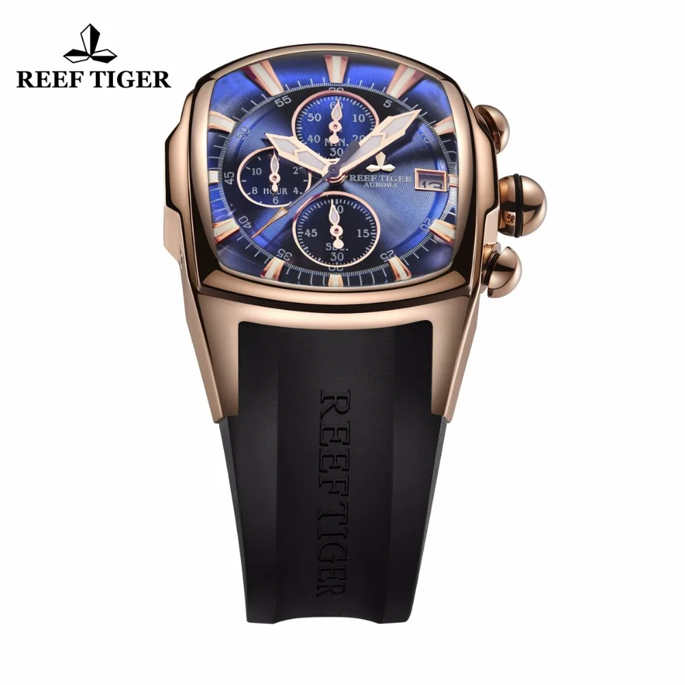 Reef Tiger/RT брендовые большие спортивные часы с хронографом, водонепроницаемые, нержавеющая сталь, синий циферблат, мужские часы, Relogio Masculino, RGA3069-T