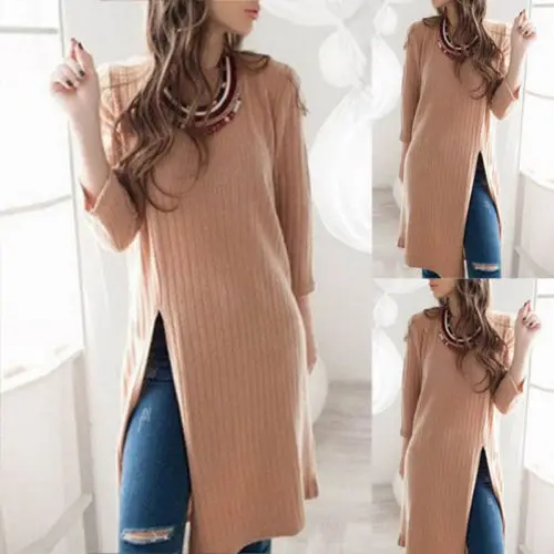 

New Fashion Women Ladies Winter Casual Long Sleeve Mini Dress Solid Round Neck Dresses Loose Women Clothes