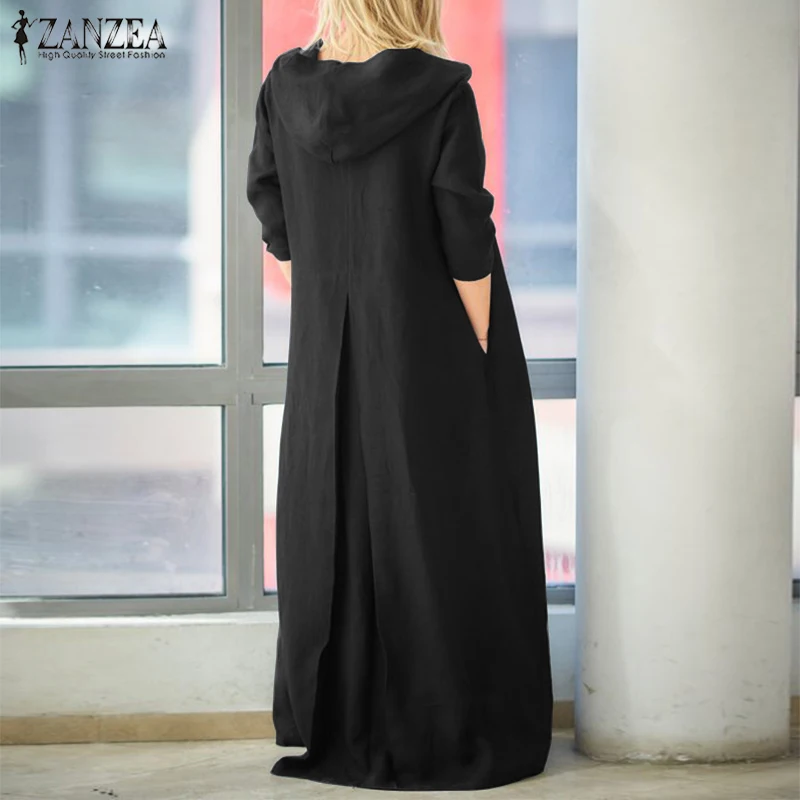 Платье макси с капюшоном больших размеров ZANZEA женский сарафан винтажное хлопковое льняное платье женское Повседневное платье Vestidos с длинным рукавом 5XL
