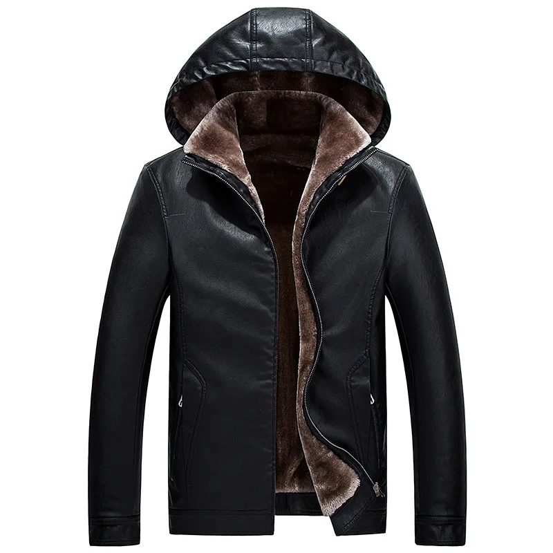 Новинка, брендовая кожаная мужская куртка, зимняя, теплая, ПУ, с капюшоном, пальто плюс, толстая, ветрозащитная, Байкерская, мотоциклетная, верхняя одежда, M-4XL, Прямая поставка - Цвет: Черный