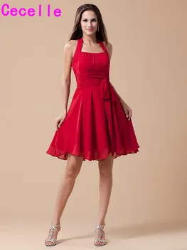 

2017 New Arrival Short Red A-line Halter Chiffon Beach Wedding Bridesmaids Dresses With Straps Short wedding Party Dresses
