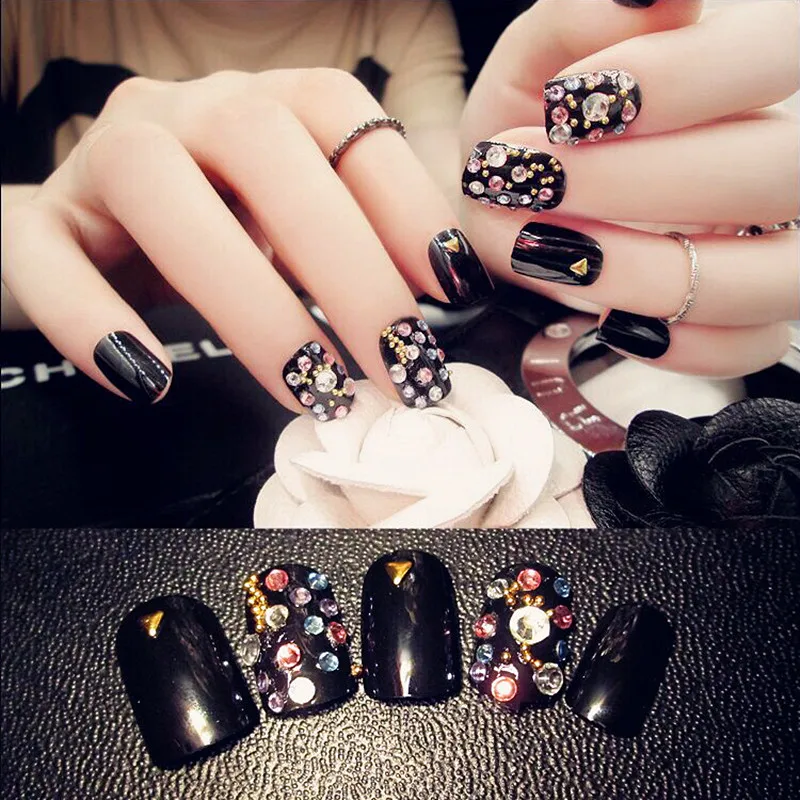 16 New Original Design Nail Simple Black Nail Tip Most Popular Element Full False Nail Classic Fashion With Colored Diamonds Full False Nails Design False Nailsfalse Nails Aliexpress