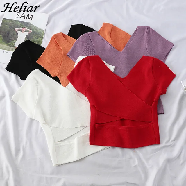 HELIAR Women Knitted T-shirts Cross Crop Tops Ladies V-neck Crop Tees Solid Short Sleeve T-shirts Women 2021 Summer 1