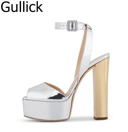 

Hot Sale Women Mixed Color Silver Gold Peep Toe Sandals Summer Bling Bling Ankle Buckle Strap High Square Heel Shoes Free Ship