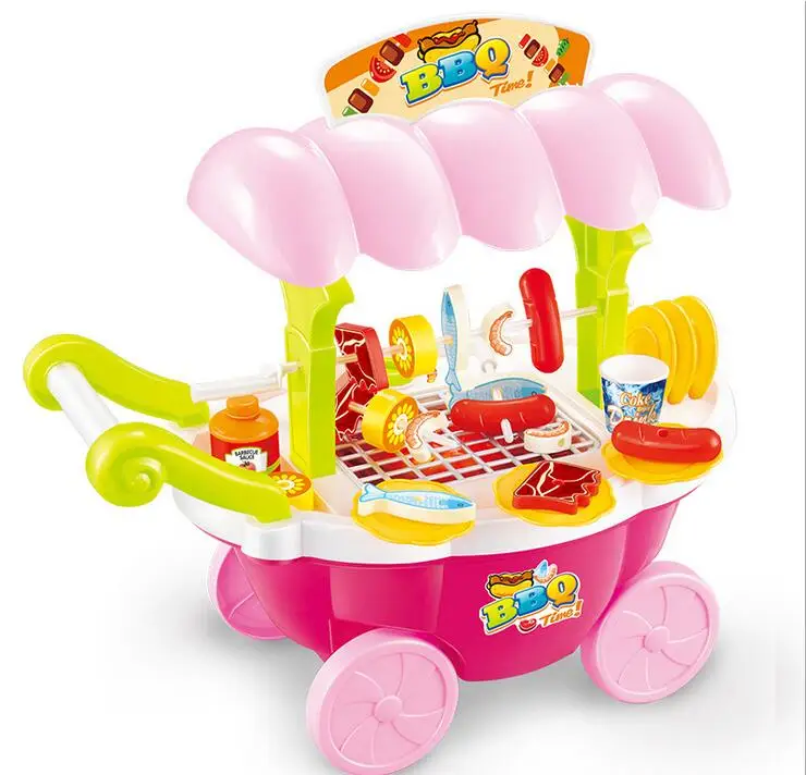 Pretend Play Kitchen Set Food Toys Plastic Mini Simulation Barbecue Oven BBQ Grill Handcart Toys