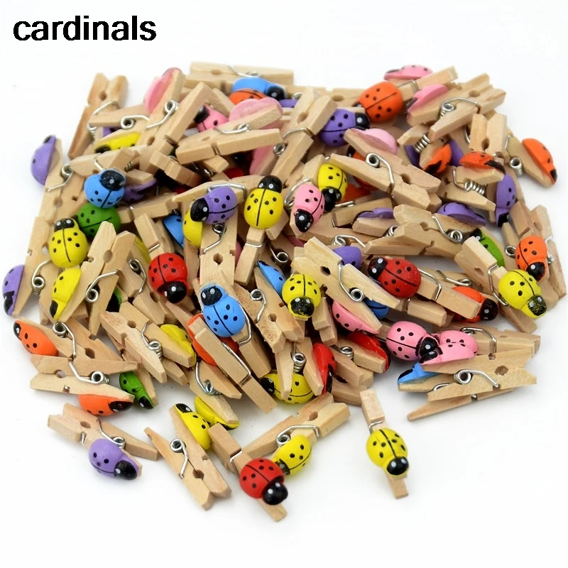 

50 pcs Excellent Quality 25mm Mini Ladybug Wooden Clips Clothes Photo Paper Decorations Photo Spring For DIY decorative clip