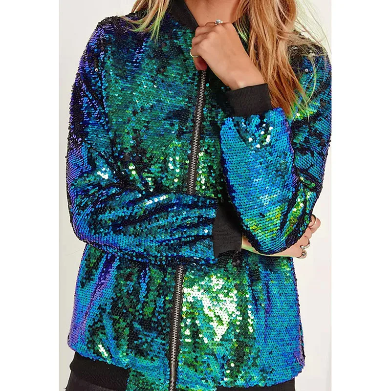 Autumn Women Green Sequined Jacket Casual Fashion Long Sleeve Basic