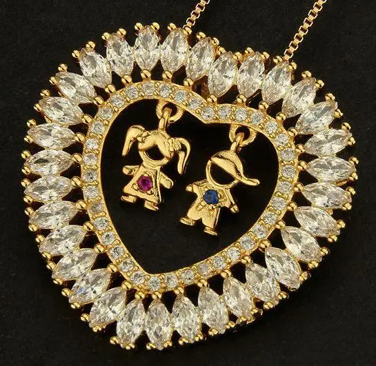 Golden Color Boy And Girl Pendant Necklace Women's fashion Jewelry Multi-color Cubic Zirconia Kids Necklace Jewelry New - Окраска металла: boy girl Multi