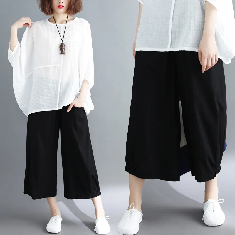  LZJN 2019 New Cotton Linen Soft Wide Leg Women Pants Elastic Waist Solid Color Summer Loose Trouser Plus Size Capris with Pocket (9)