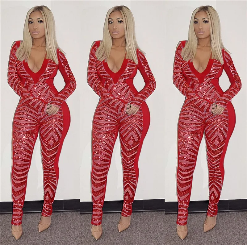 11 Sexy deep v-neck sequined jumpsuit Sparkly Sexy Bodysuit Female Evening Night Club Wear Birthday Celebrate Party Outfit     01