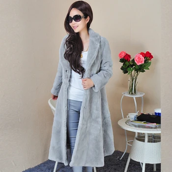 

X-long women Imitation Rex Rabbit Fur Coat Jacket Slim Turn-down Collar Soft Warm Thick Fur Coat Pink Color S-xl