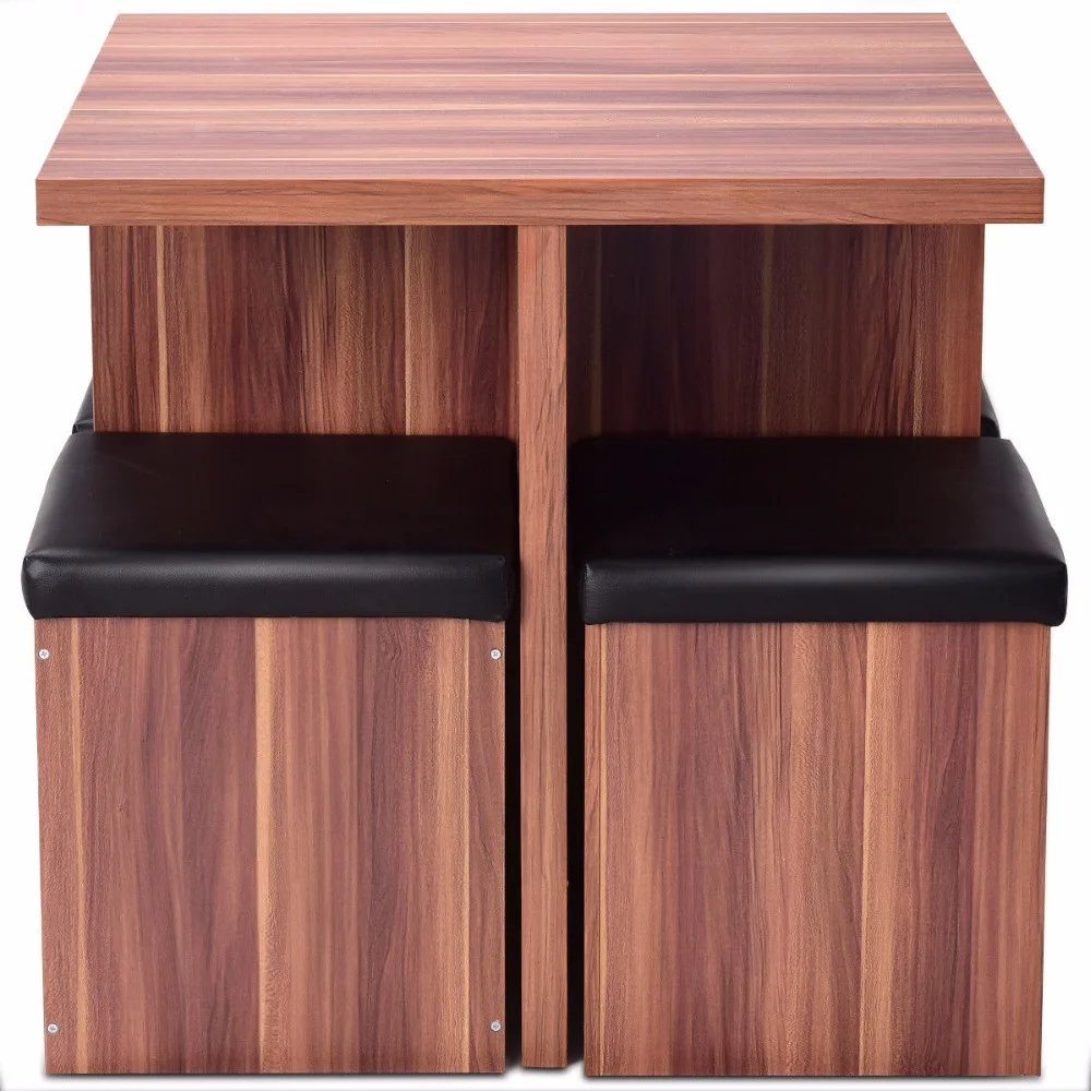 Giantex 5 Pieces Wood Dining Table and 4 Stools Set Modern Kitchen Dinette Table Set Dining Room Storage Ottoman Stool HW54823NA