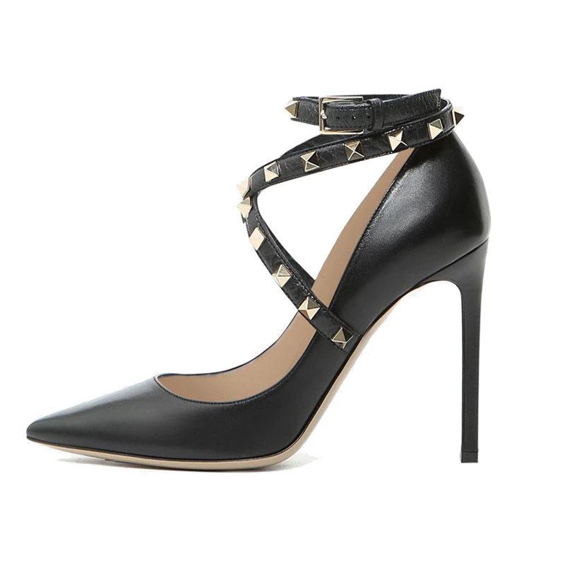 Черные туфли-лодочки из мягкой кожи на высоком каблуке с ремешком на щиколотке модные брендовые женские изысканные модельные туфли с заклепками и острым носком TL-A0093
