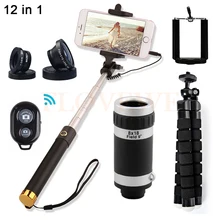 12in1 8X Zoom Telephoto Lens Microscope Telescope Tripod Selfie Stick Macro Wide Angle Fisheye Lentes For iPhone 7 6 Smartphone