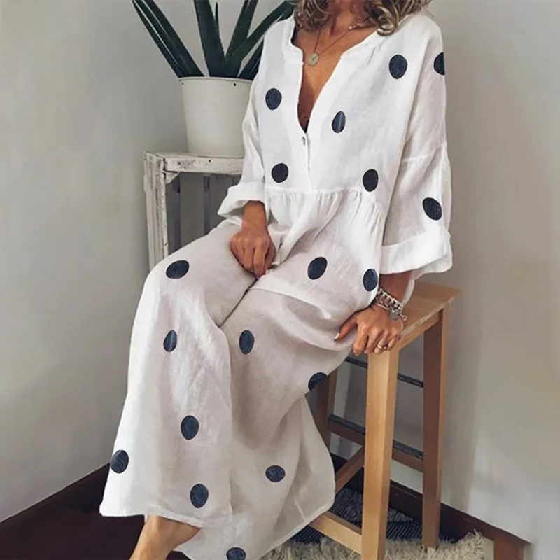

MoneRffi Polka Dot Print Women Dress Summer Loose Bohemian Maxi Dress V Neck Casual Beach Sundress Vintage Vestidos Plus Size