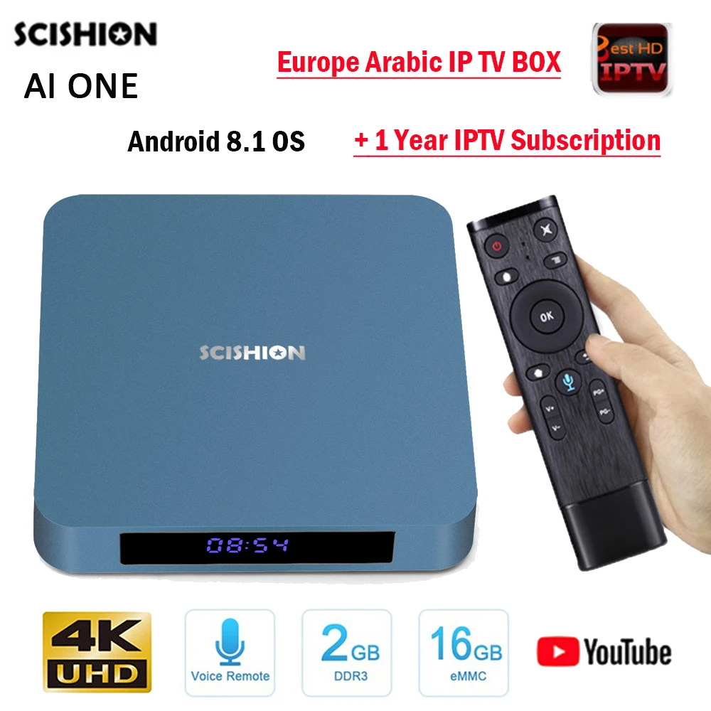 

SCISHION AI ONE Android 8.1 TV Box RK3328 Voice Control 2G 16G 4K Smart Media Player+ 1 Year Hot Arabic Europe Channels