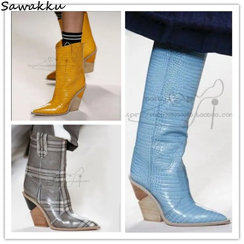 

Blue Yellow Snakeskin Women Knee High Boots Leather Pointed Toe Western Cowboy Boots Chunky Wedges Kendall Runway Shoes Woman