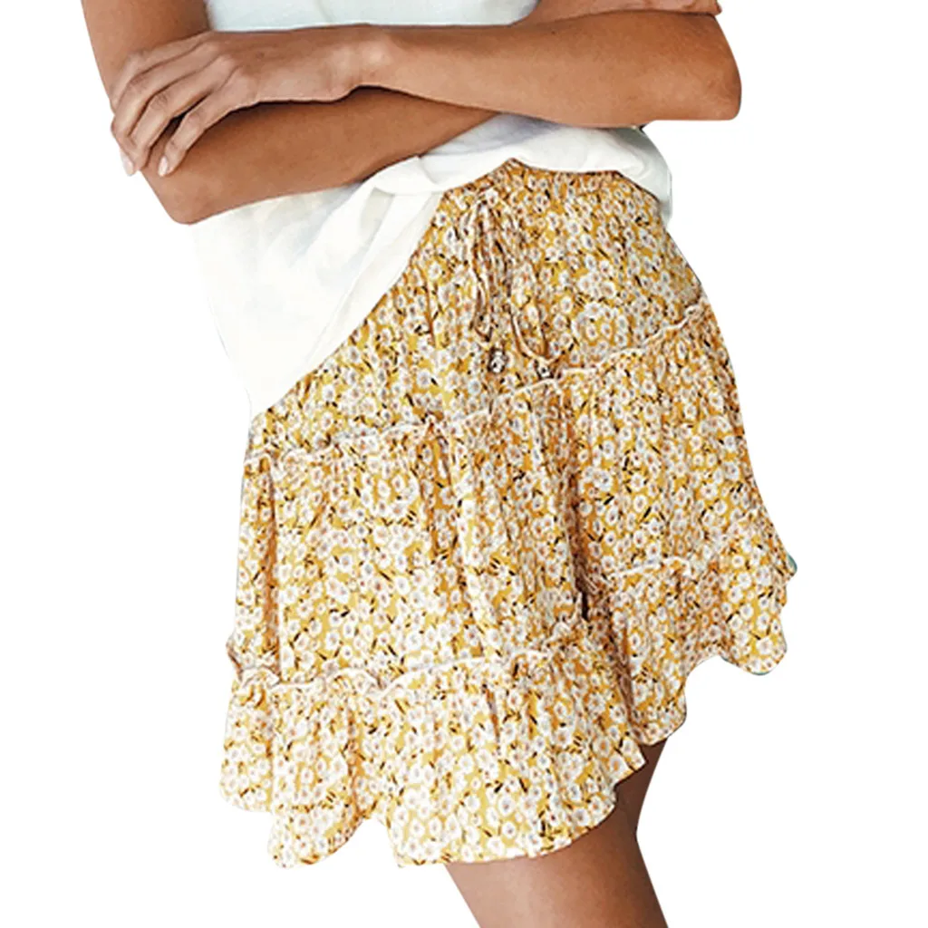 Пляжная юбка для женщин хлопок плиссированная летняя юбка богемный Высокая талия Раффлед цветочный принт пляжные короткие Пляжная cover up L0413