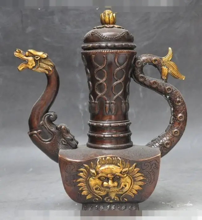 

S00393 10" Marked chinese palace bronze gilt dragon statue Wine Tea Pot Flagon teapot B0403