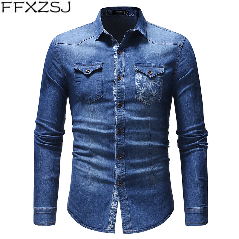 FFXZSJ Brand Black Denim Shirt Men Casual Fit Slim Long Sleeve Shirts ...