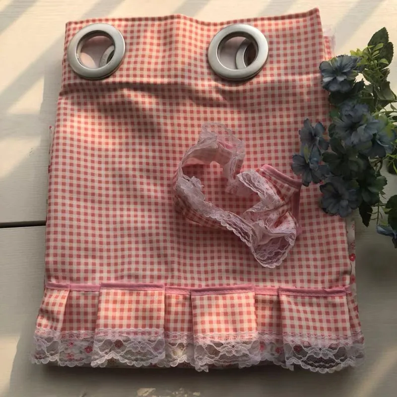 

Clearance!NoDefect !Children Room Curtain Pink Plaid Splice Floral Lace /Green Coffee Tower Grommet Top Curtain 130*130