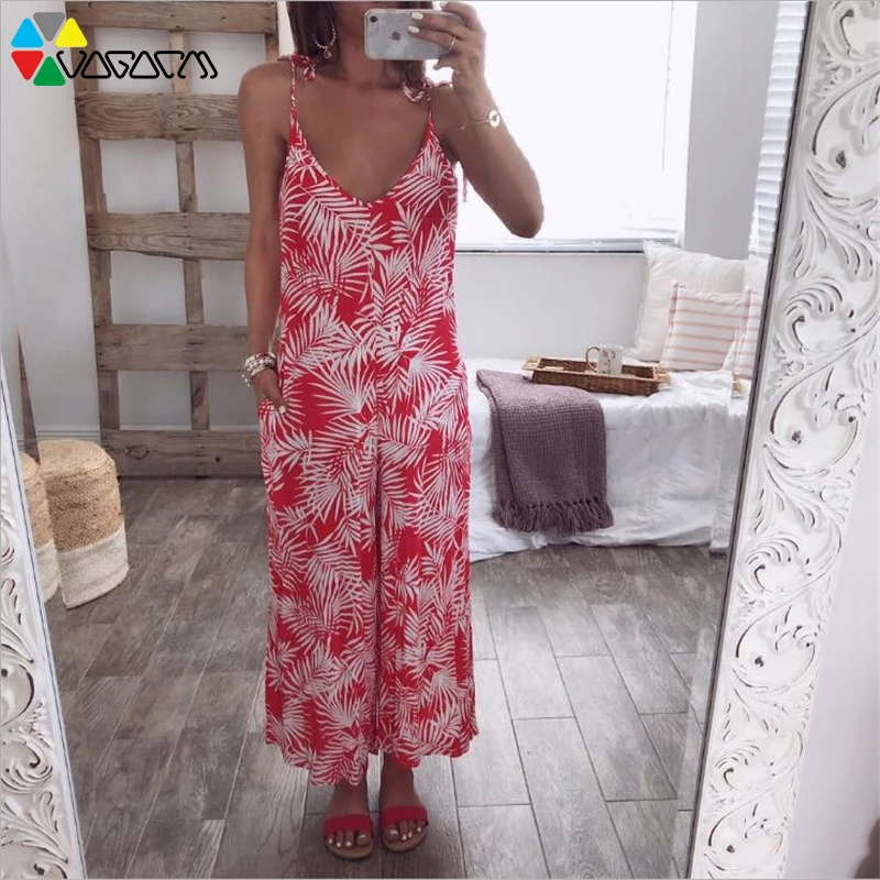 Women Sexy V Neck Summer Sling Leaf Print Backless Loose Boho Jumpsuit Plus Size S-2XL Lacing Beach Party Wide Leg Long Pants