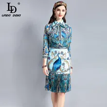 LD LINDA DELLA Vintage Designer Suit Sets Women's Long sleeve Bow Collar Blouse Peacock Pattern Print Draped Skirt 2 Piece Set LD LINDA DELLA Vintage Designer Suit Sets Women's Long sleeve Bow Collar Blouse Peacock Pattern Print Draped Skirt 2 Piece Set