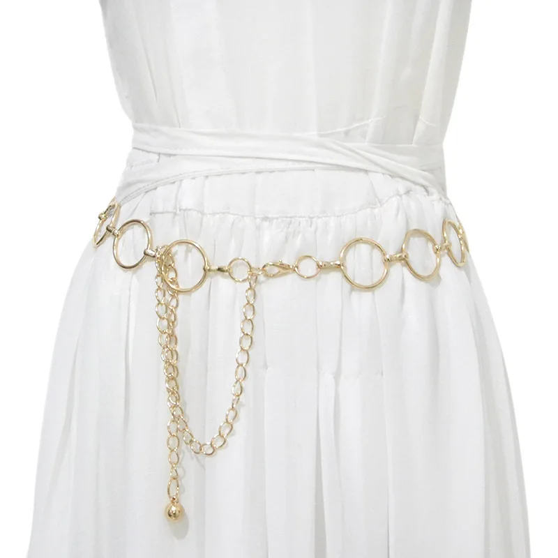 Корейское модное милое Золотое Серебряное платье с цепочкой на талии для девочек, украшенное металлическим поясом и круглым кольцом, женское платье, украшение