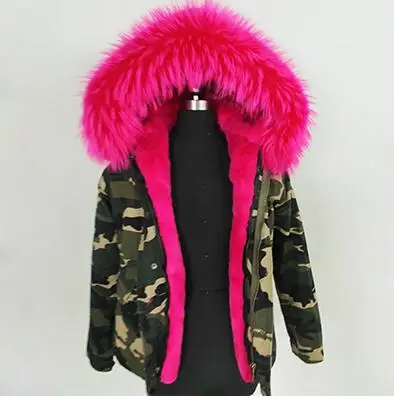 Утепленная теплая Новинка, зимняя куртка, женские парки, пальто, большой енот, натуральный мех, зимняя куртка с воротником, с капюшоном, модная качественная верхняя одежда - Цвет: Camo parka rose fur