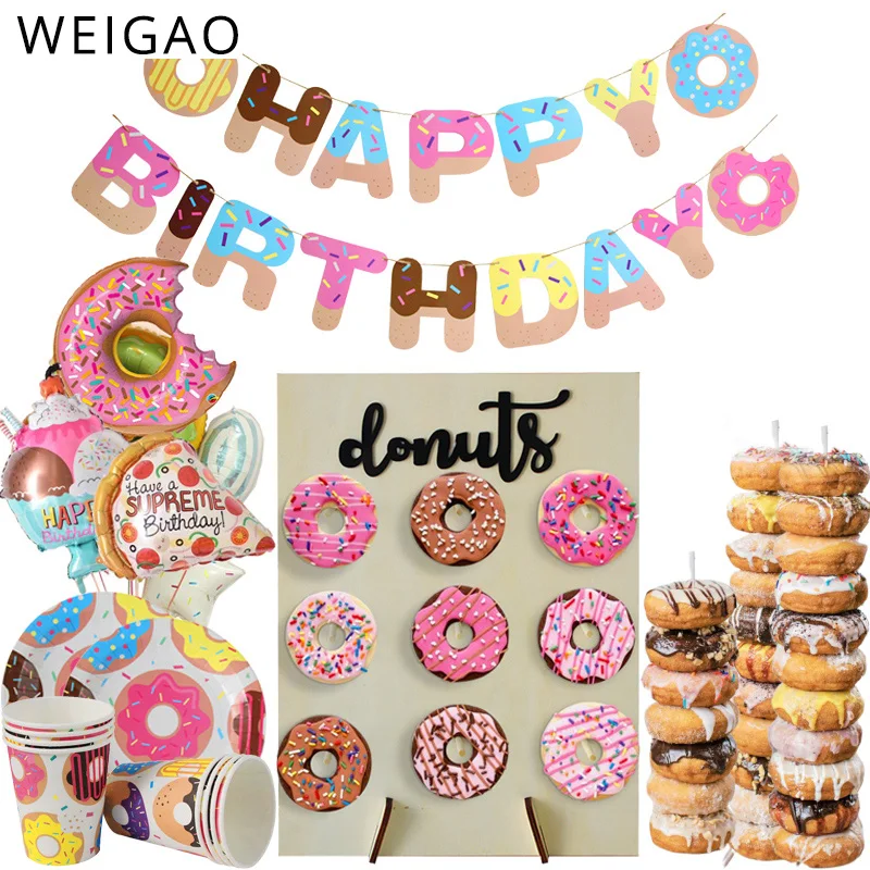 

WEIGAO Donut Birthday Party Decor Doughnut Wall Display Board Acrylic Stand Paper Plate Cup Disposable Tableware for Birthday