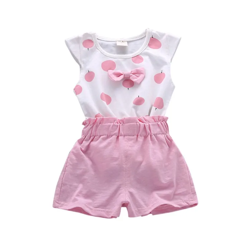 

Baby Girls Clothes Set Summer Kid Sleeveless Dot Bowknot Decoration Vest+Solid Shorts Clothes Suit Child Clothing 2Pcs