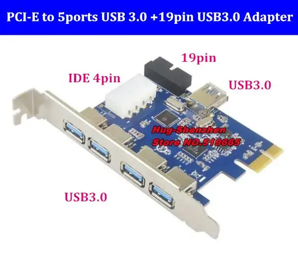 Супер скорость PCIE до usb3.0 5 портов + 19pin/20pin USB3.0 карта расширения с IDE 4pin портами для