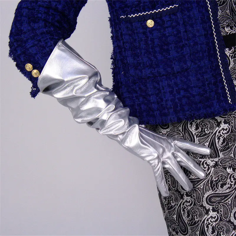 50 см лакированные кожаные длинные перчатки женские с большим рукавом из имитирующей кожи с пышными рукавами яркие серебряные женские мужские WPU65 - Цвет: PatentleatherSilvery