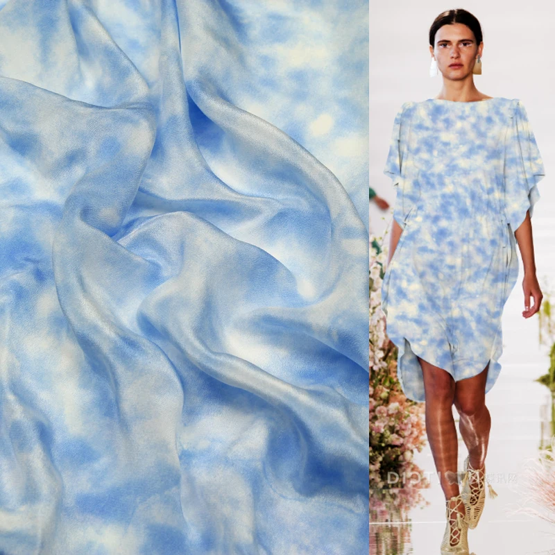 

100% pure silk Crepe DE chine silk fabric light Blue and white smudge style,SCDC737-M